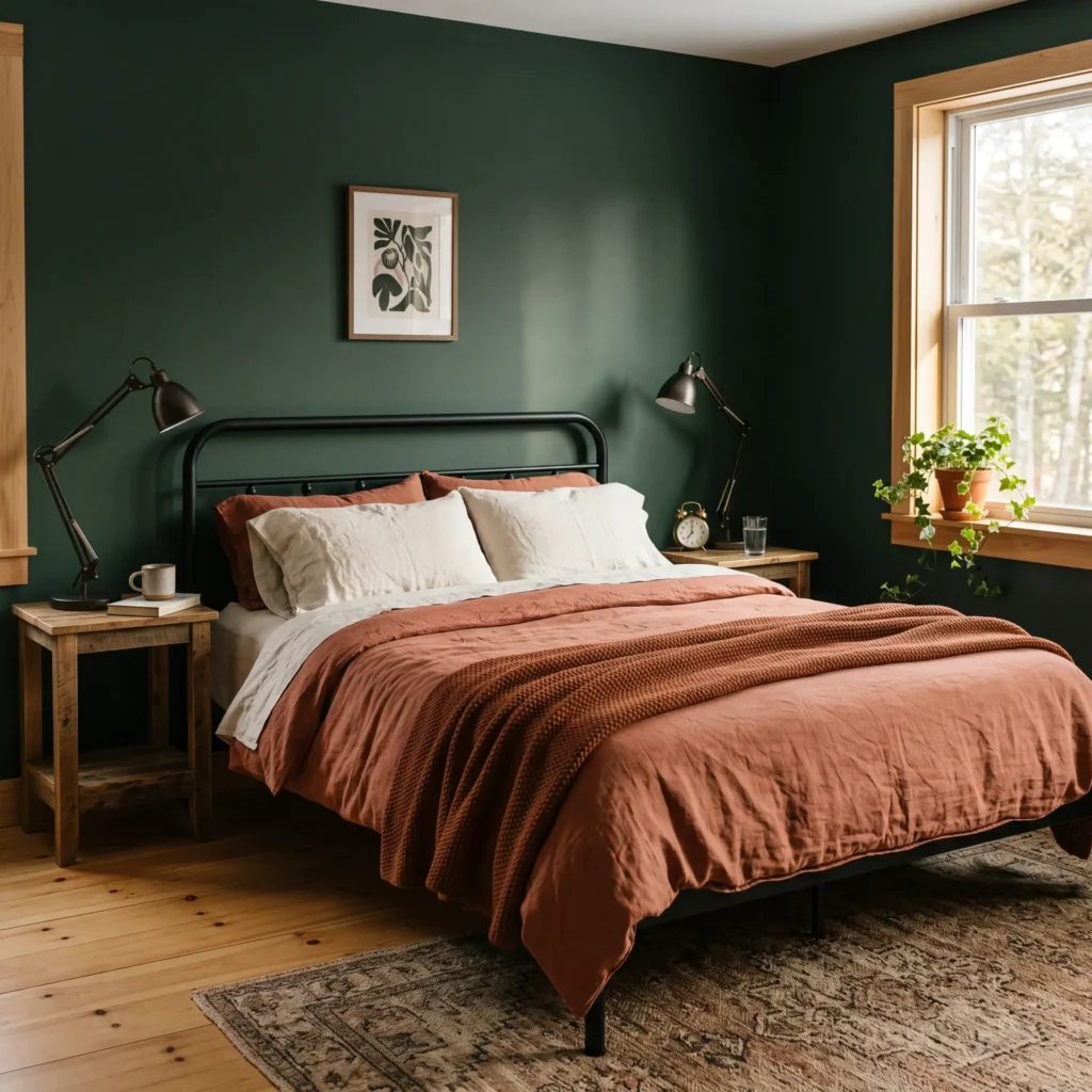 Deep forest green bedroom featuring burnt terracotta bedding, black iron wall lights, and warm pine accents.