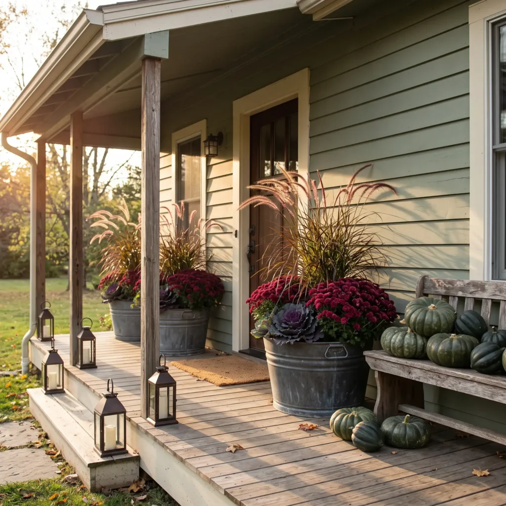 Sage green porch styled with zinc planters, purple fountain grass, wine-colored mums, and dark squash.