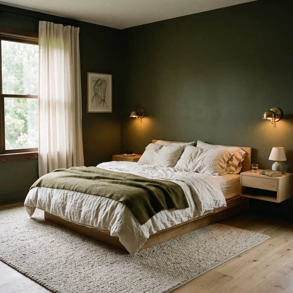 Moody olive green bedroom featuring warm ivory linen bedding, unlacquered brass wall sconces, and natural white oak nightstands.