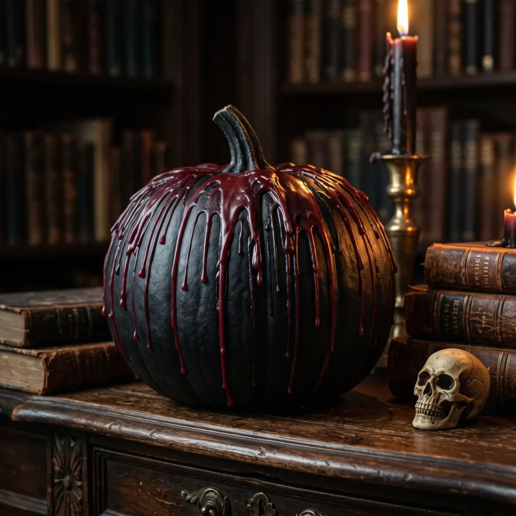 Matte black pumpkin covered in thick cascades of dark burgundy candle wax drips.