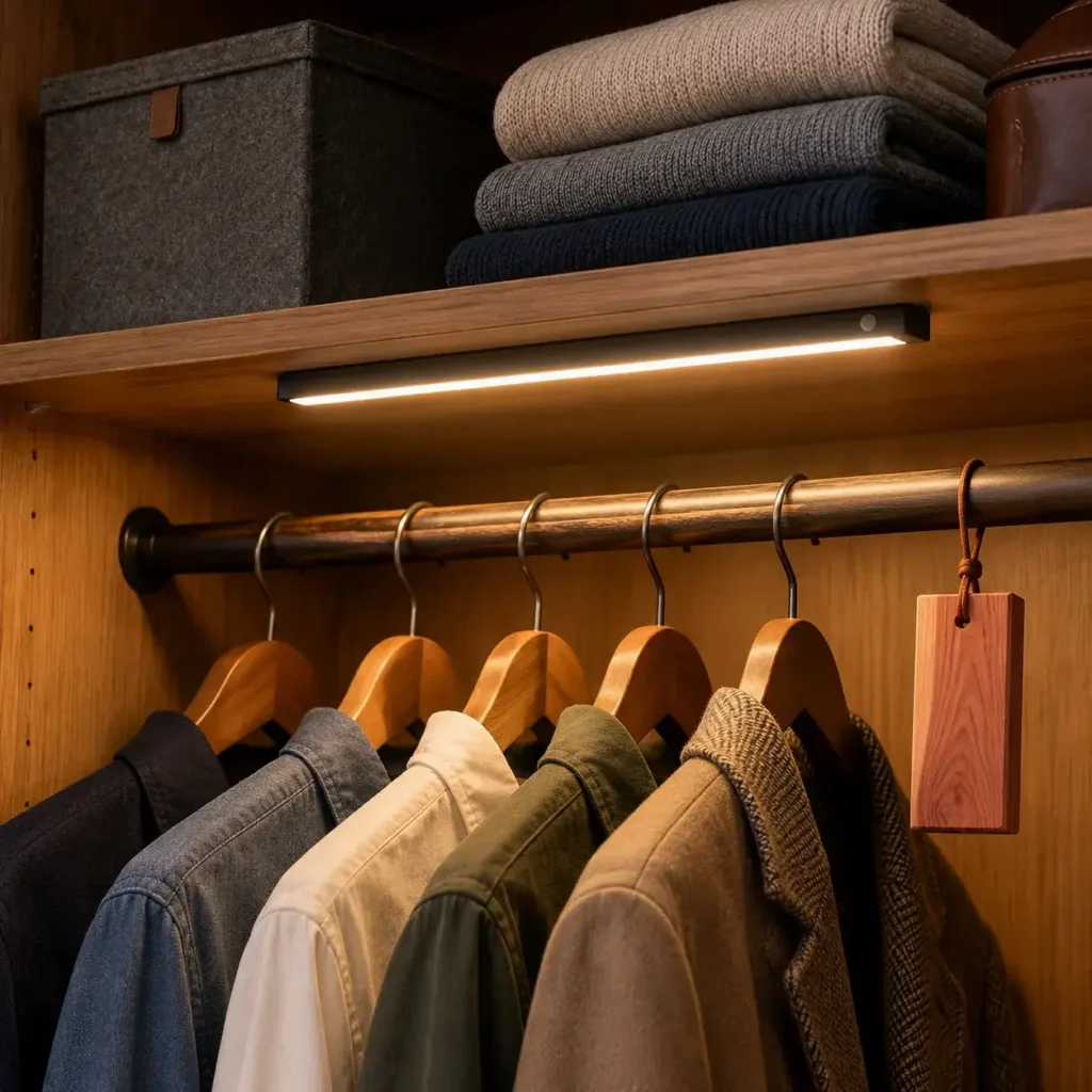 Magnetic LED light bar casting bright neutral light over clothes hanging next to a cedar block.