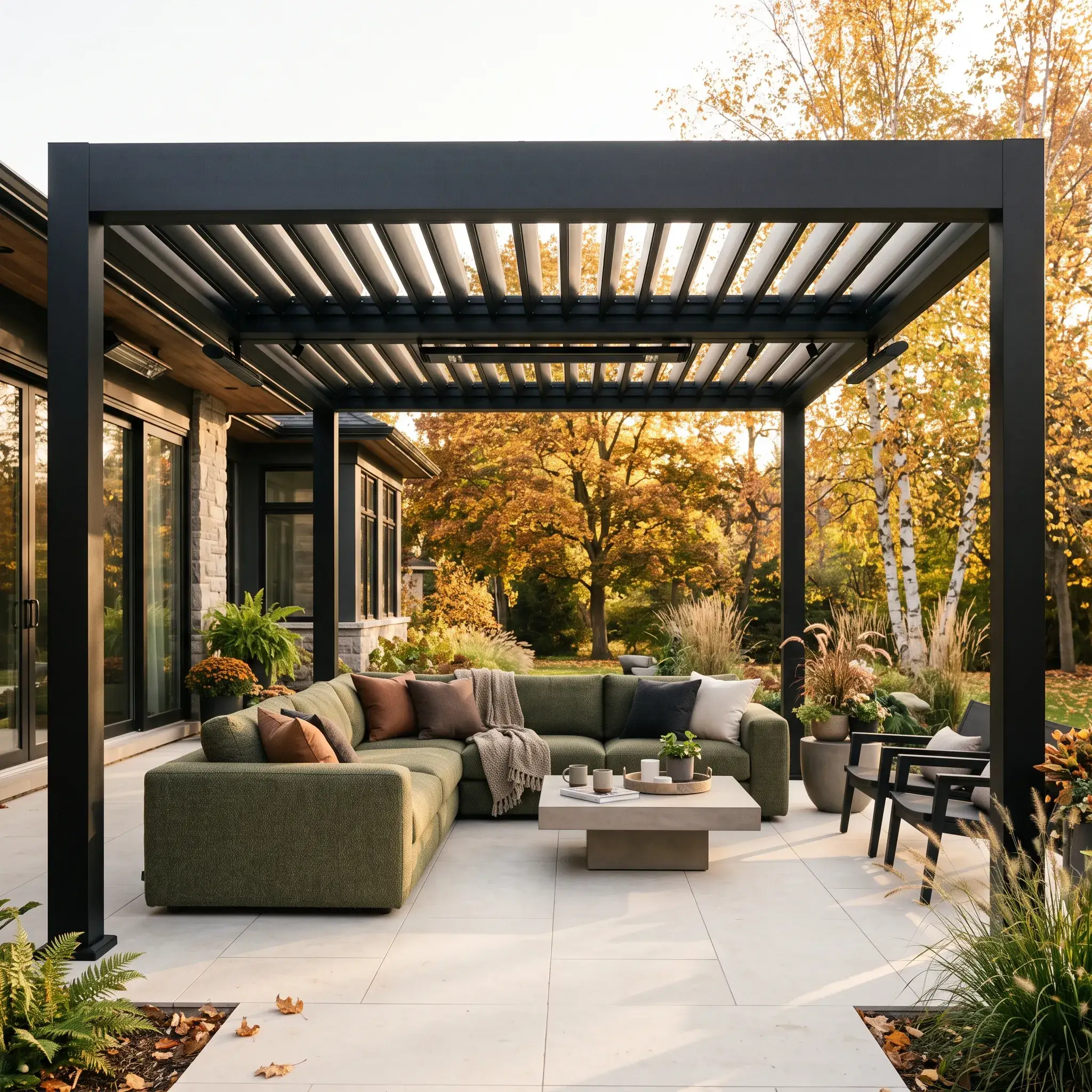 Motorized black aluminum pergola covering an outdoor living room with infrared heaters and porcelain paver flooring.