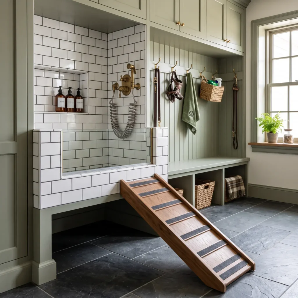 Modern mudroom with an elevated tiled dog washing station, brass plumbing fixtures, and custom green storage cabinets.
