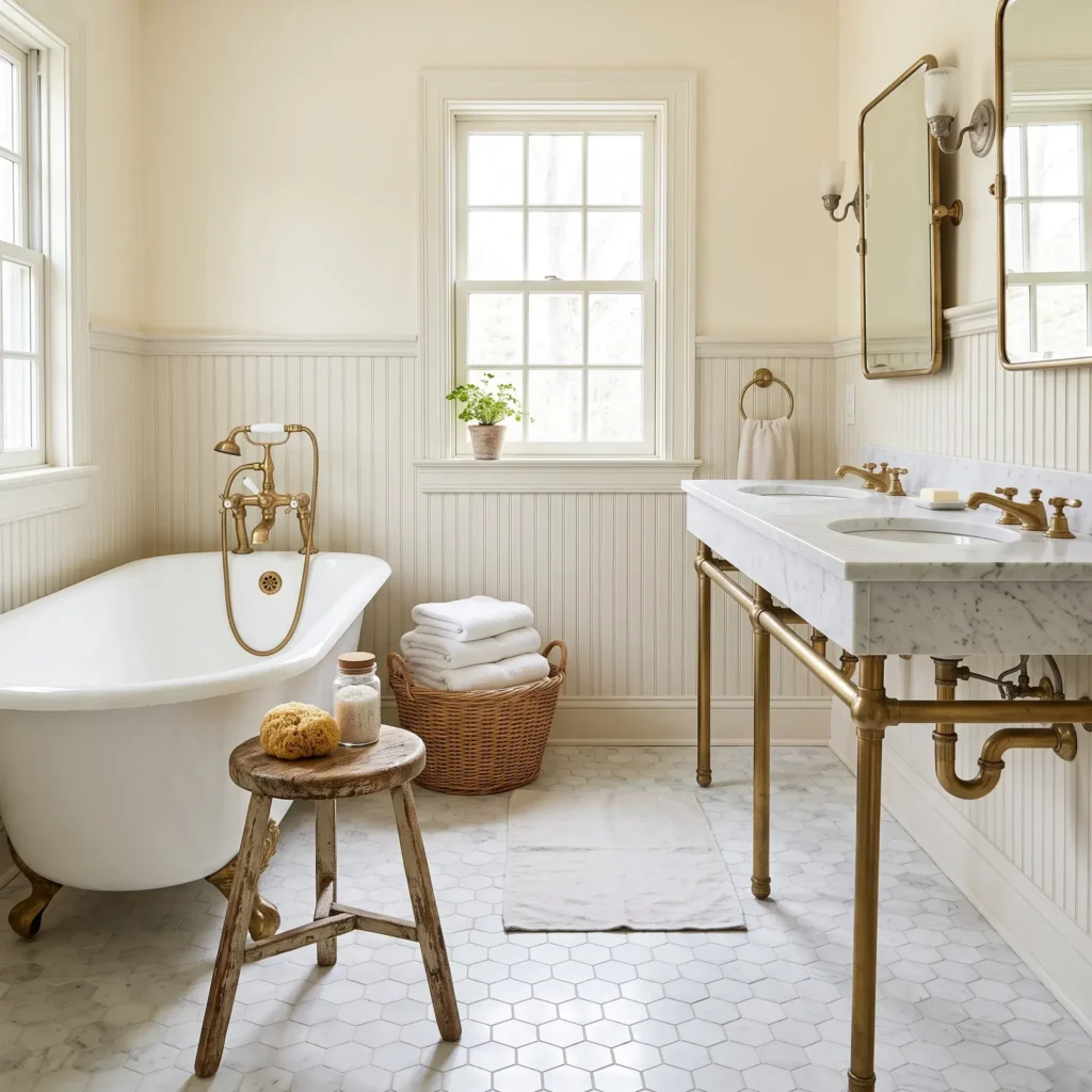 Classic bathroom with a clawfoot soaking tub, unlacquered brass fixtures, and marble hex tile flooring.