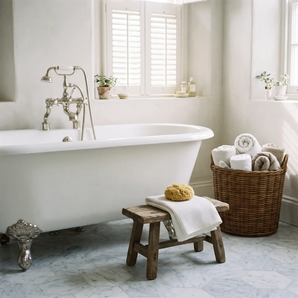 White clawfoot soaking tub paired with a small rustic wooden stool, waffle-weave towels, and a large woven rattan basket.