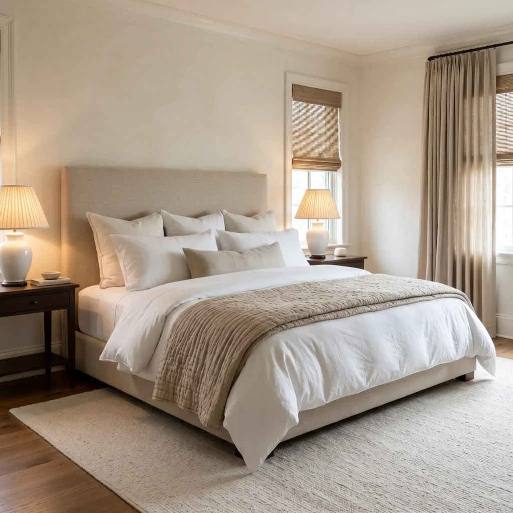 Master bedroom with layered white down bedding, a linen headboard, and matching ceramic lamps.