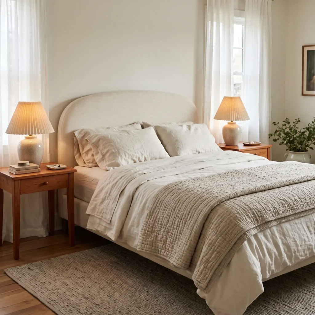 Plush layered bed with white percale sheets, natural linen duvet, folded cotton coverlet, and ceramic bedside lamp.