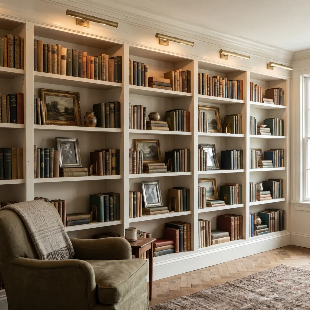 Built-in off-white floor-to-ceiling bookshelf filled with books, small framed paintings, and antique brass picture lights.