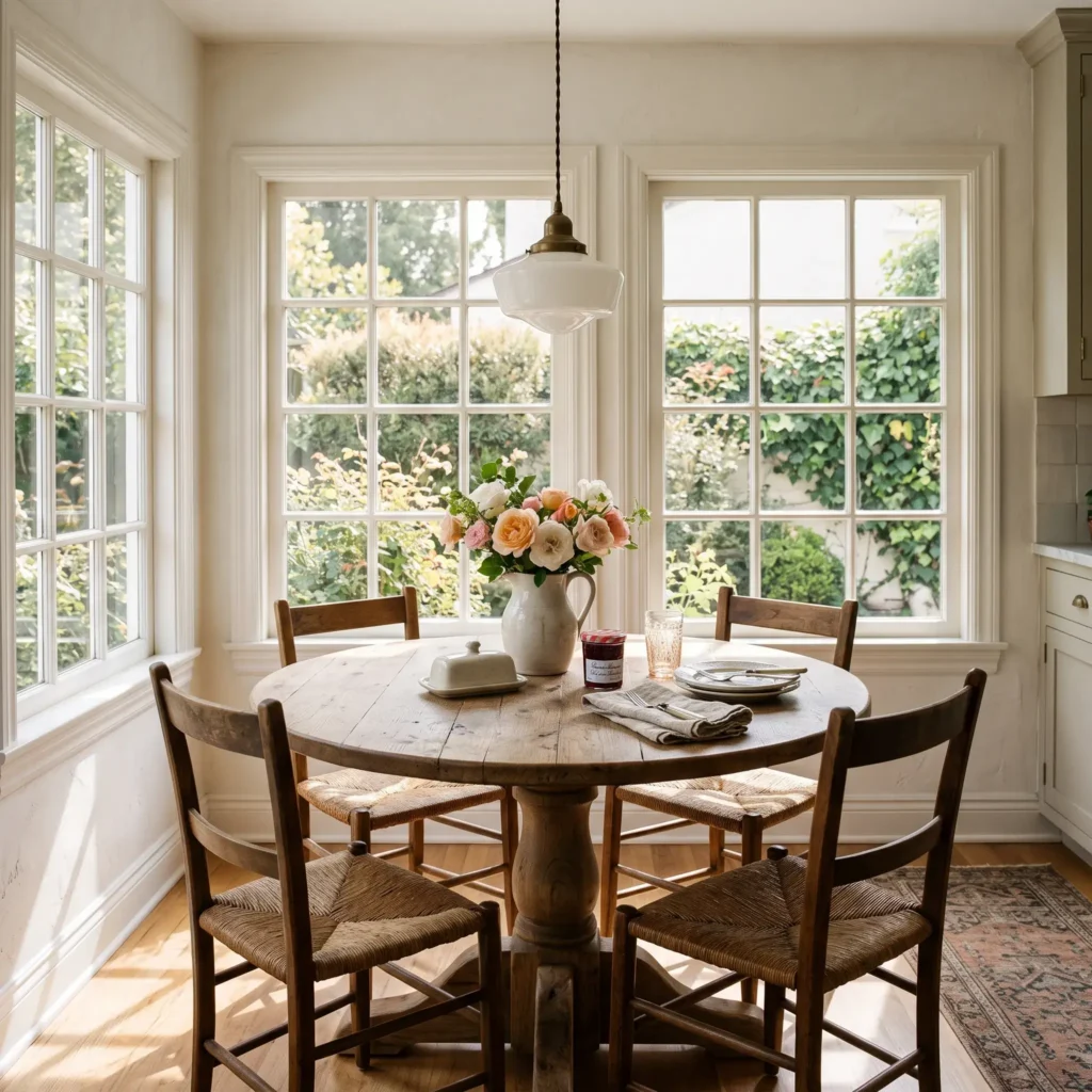 Sunlit breakfast nook featuring a round oak pedestal table, rush seat chairs, and a milk glass pendant.