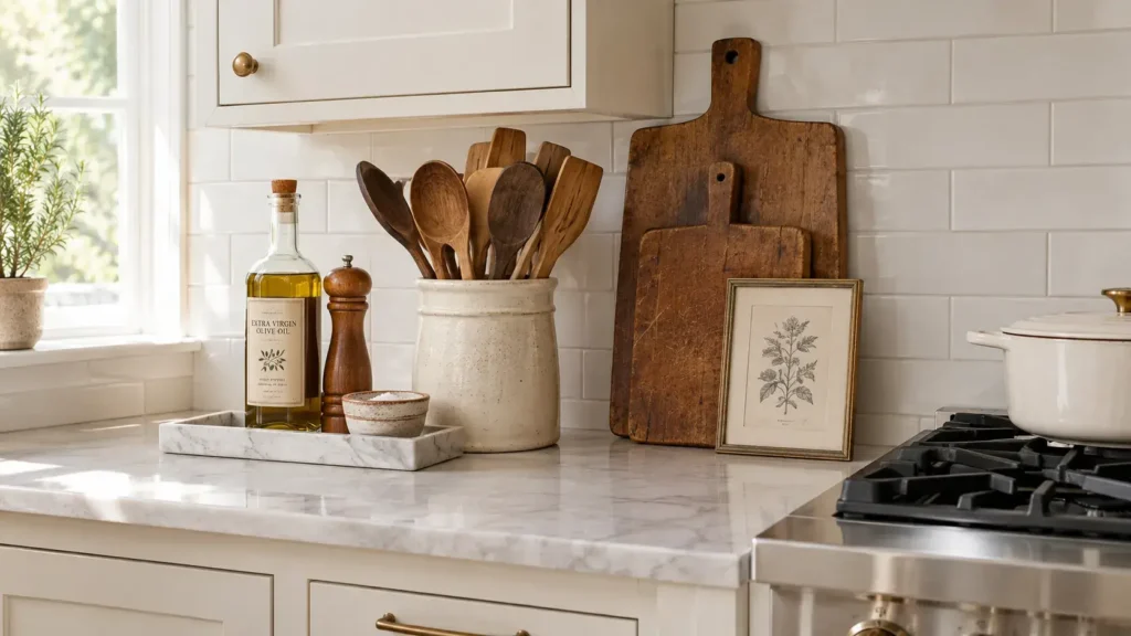 Kitchen countertop styled with a stoneware utensil crock of wooden spoons, olive oil bottles on a marble tray, and layered wooden cutting boards.