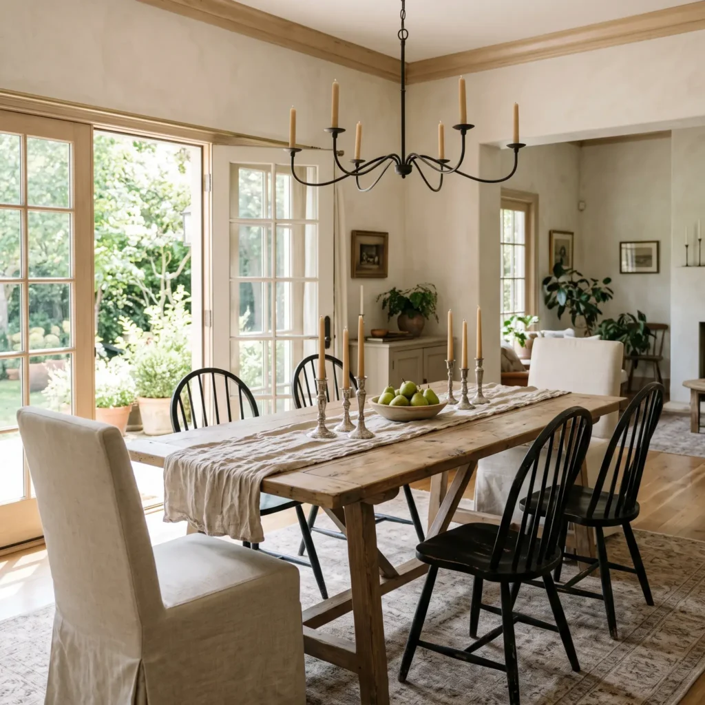 Reclaimed wood trestle dining table paired with linen slipcovered host chairs and black Windsor chairs under an iron chandelier.