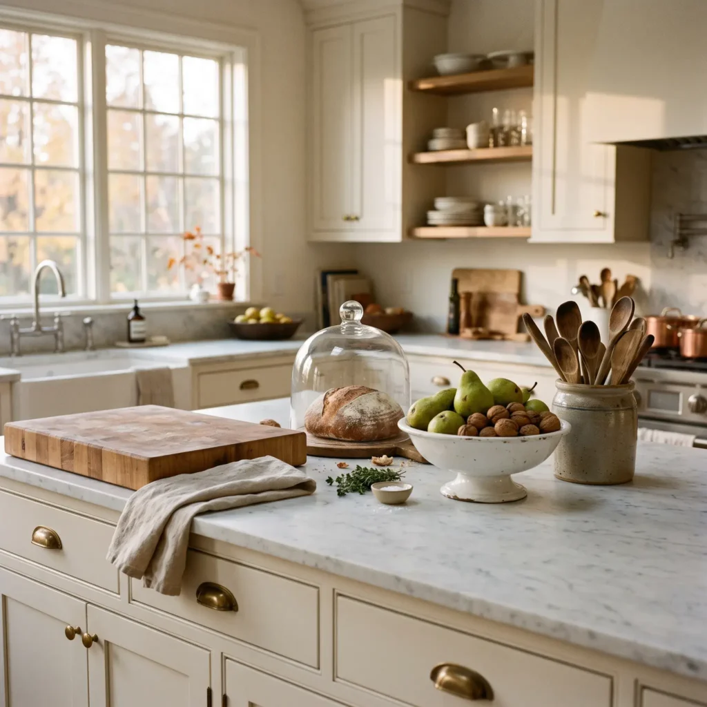 Nancy Meyers style kitchen island decorated for fall with wooden spoons, marble counters, and fresh pears.