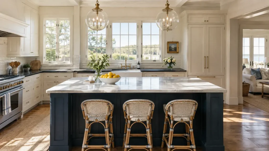 Creamy white inset Shaker kitchen cabinets with honed black soapstone countertops, a dark blue island, and woven French bistro counter stools.