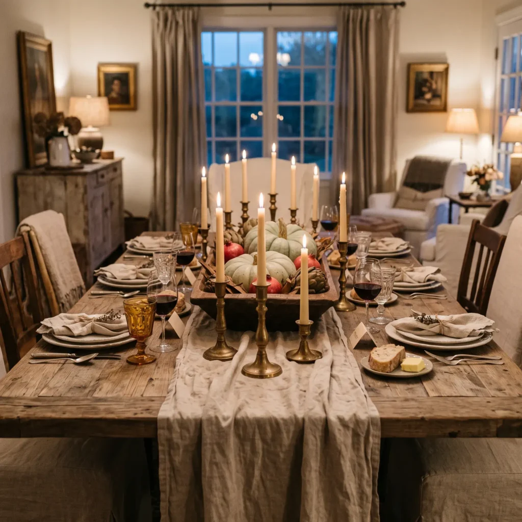 Rustic wood dining table styled with a linen runner, brass candlesticks, and an heirloom pumpkin dough bowl.