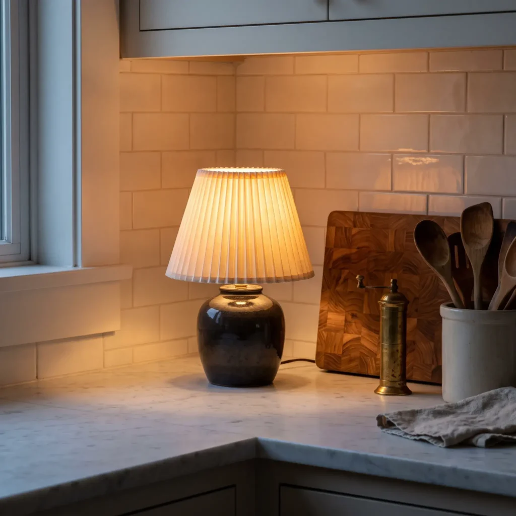 Small ceramic lamp with a pleated shade glowing on a kitchen marble countertop beside cutting boards.