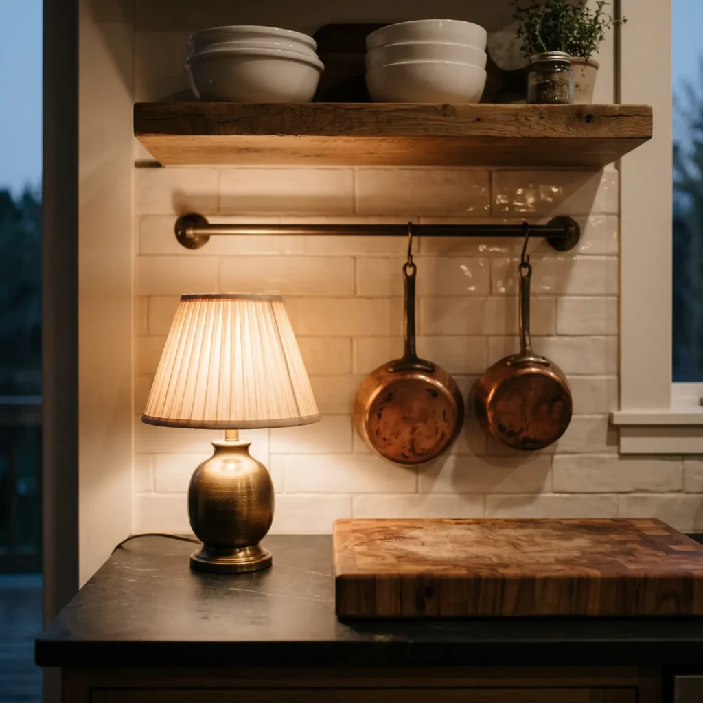 Kitchen corner featuring a small brass table lamp on the counter next to a cutting board, with copper pots hanging above.