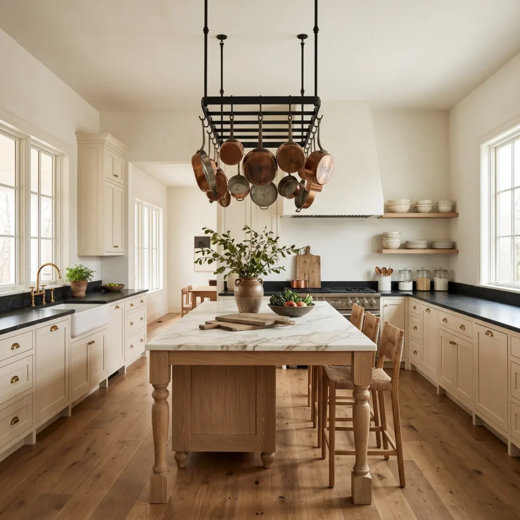 Shaker kitchen with white cabinets, black soapstone counters, cerused oak island, and hanging copper pots.
