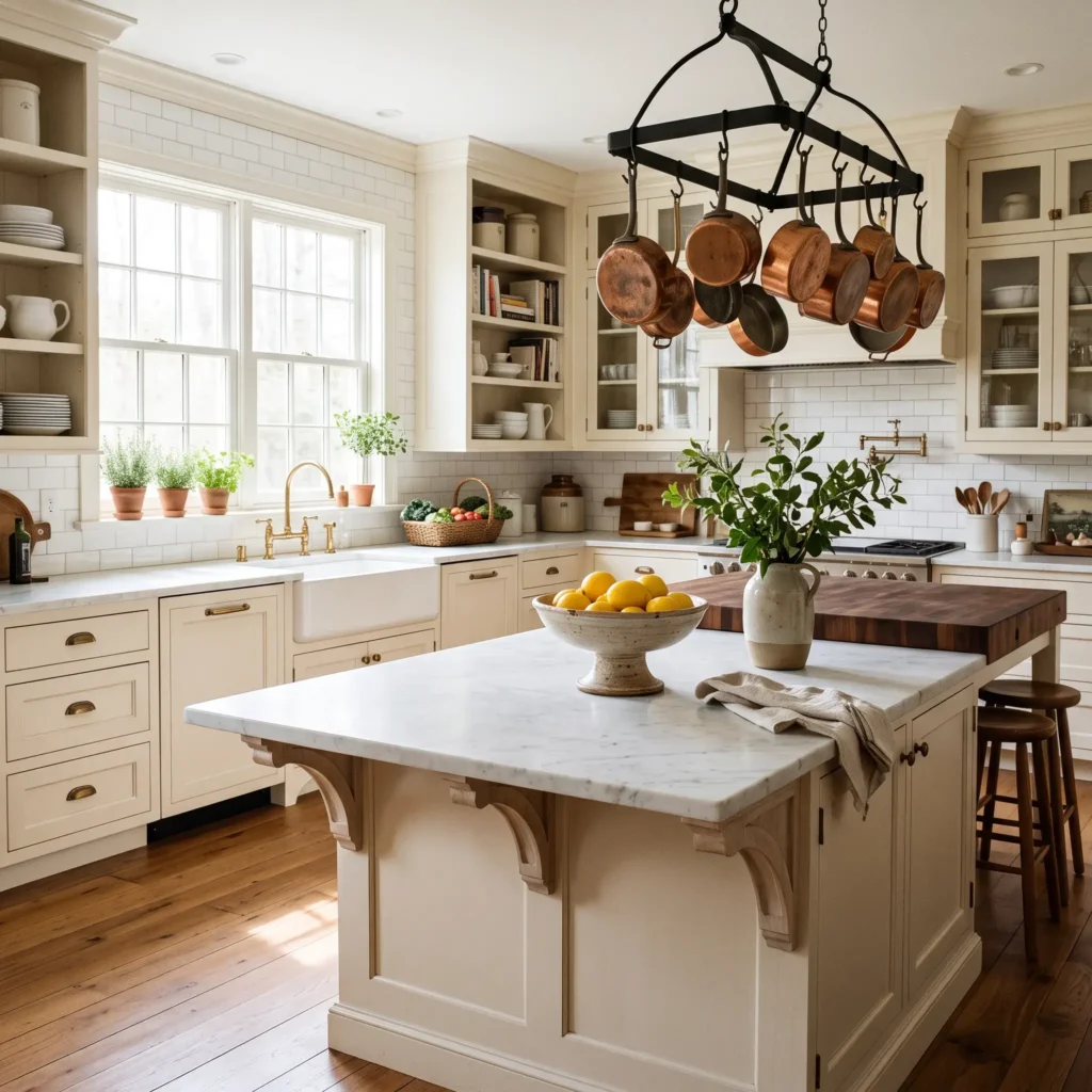 Traditional kitchen with a white marble prep island, walnut butcher block table, and hanging copper cookware.