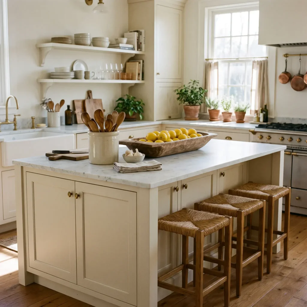 Honed marble kitchen island with woven counter stools and a wooden dough bowl filled with fresh lemons.