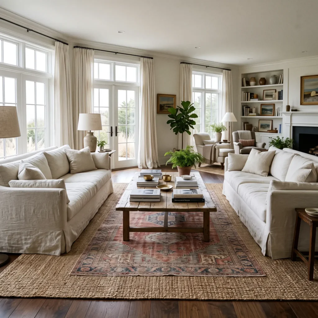 Two off-white linen slipcovered sofas facing each other over a reclaimed wood table on a layered jute rug.