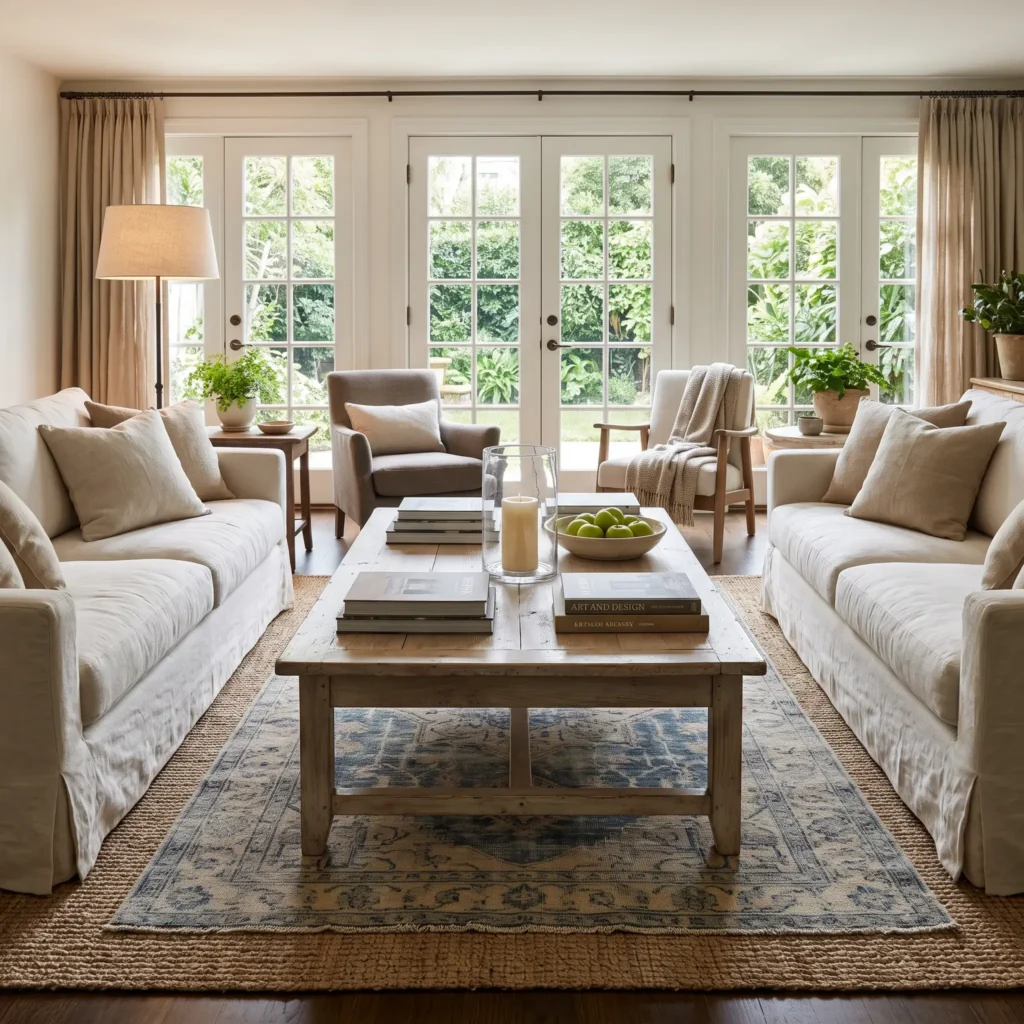 Two facing white linen slipcovered sofas around an antique wood coffee table and layered rugs.