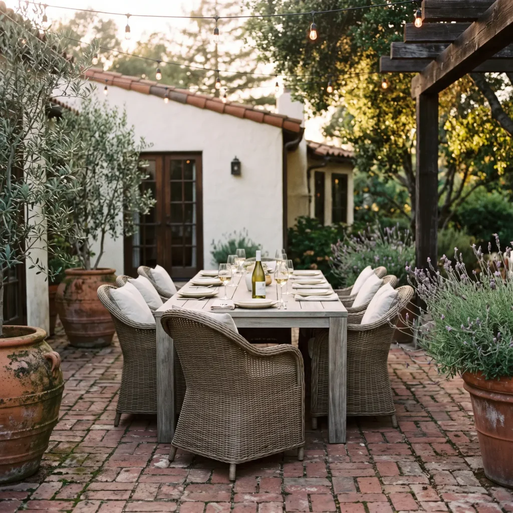 Outdoor dining terrace with a weathered teak table, wicker armchairs, and potted olive trees.