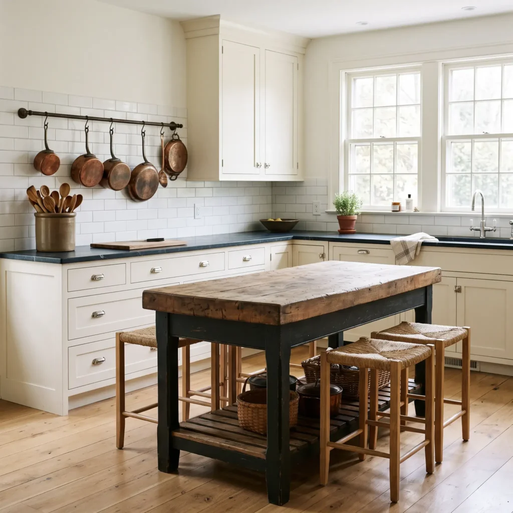 Nancy Meyers style kitchen with honed soapstone counters, white shaker cabinets, and butcher block island.