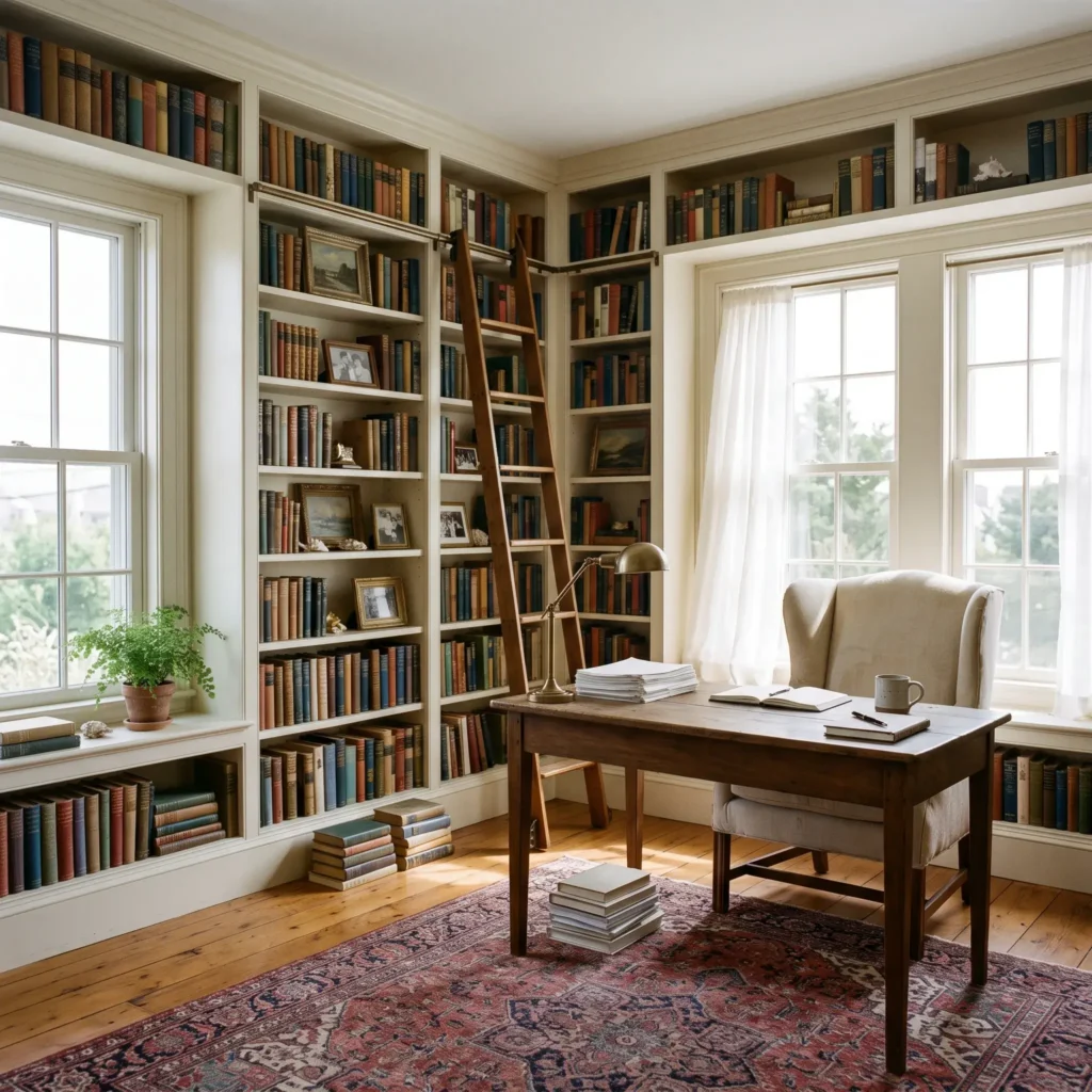 Home library study featuring floor to ceiling bookshelves, a dark walnut desk, and a brass reading lamp.