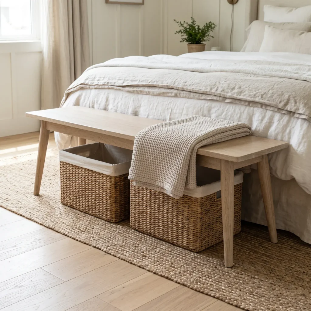 Slender open base wooden bench at the foot of a bed with woven seagrass baskets underneath for blanket storage.