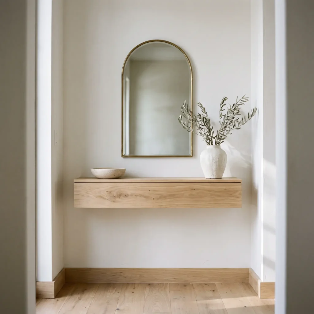 Narrow hallway featuring a floating white oak console table, an arched brass mirror, and a travertine key tray.