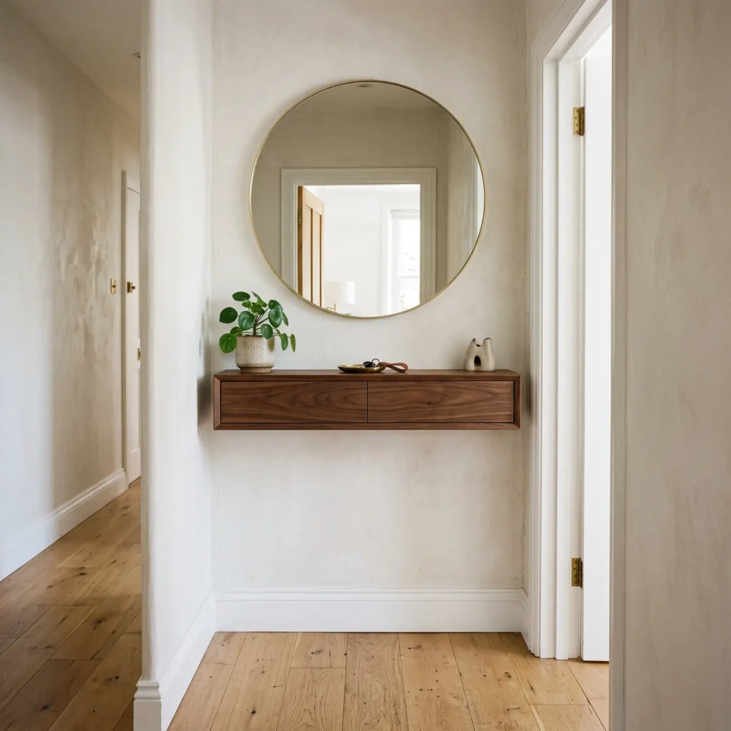 Wall mounted walnut floating console shelf with hidden drawers under a round mirror in a narrow entryway.