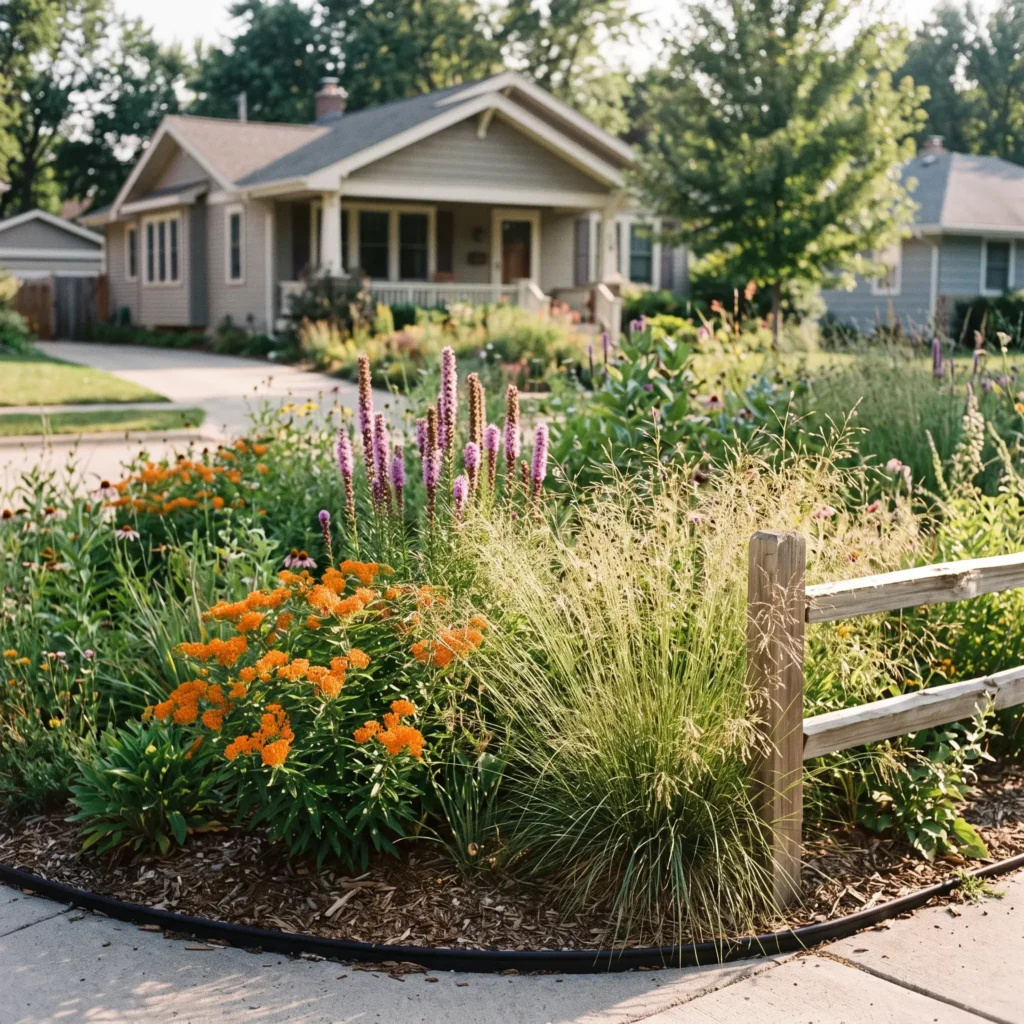 No-grass front yard converted to a native pollinator meadow with butterfly weed, blazing star, switchgrass, and a cedar split-rail fence.