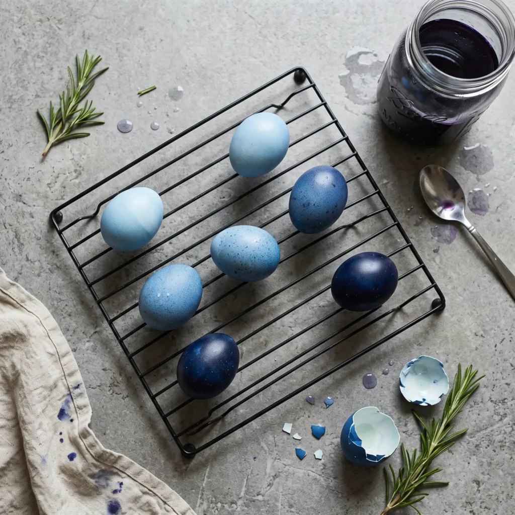 Hard-boiled Easter eggs dyed natural robin egg blue using boiled red cabbage and white vinegar.