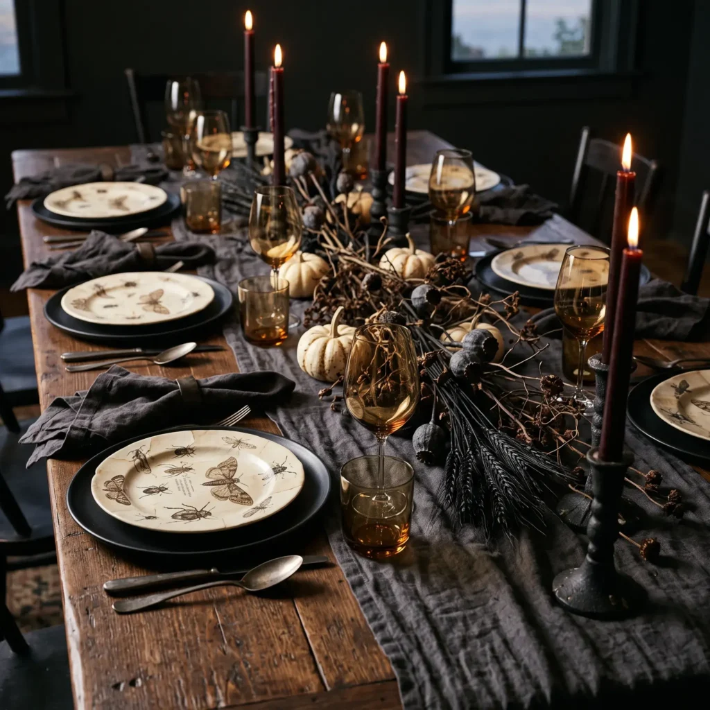 Halloween dining table set with charcoal linen runner, antique naturalist decoupage plates, and low candle centerpieces.