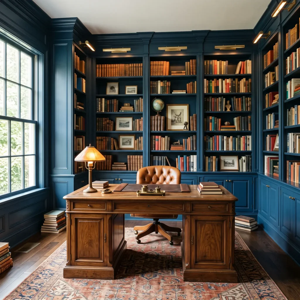 Deep navy built-in office bookcases with brass picture lights above an antique walnut partner desk.