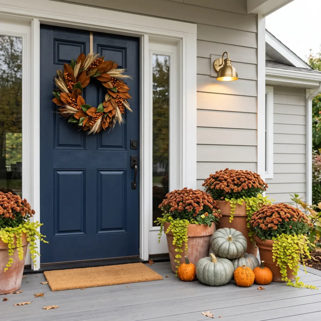Navy front door decorated with a copper magnolia wreath, blue pumpkins, and raw terracotta pots.