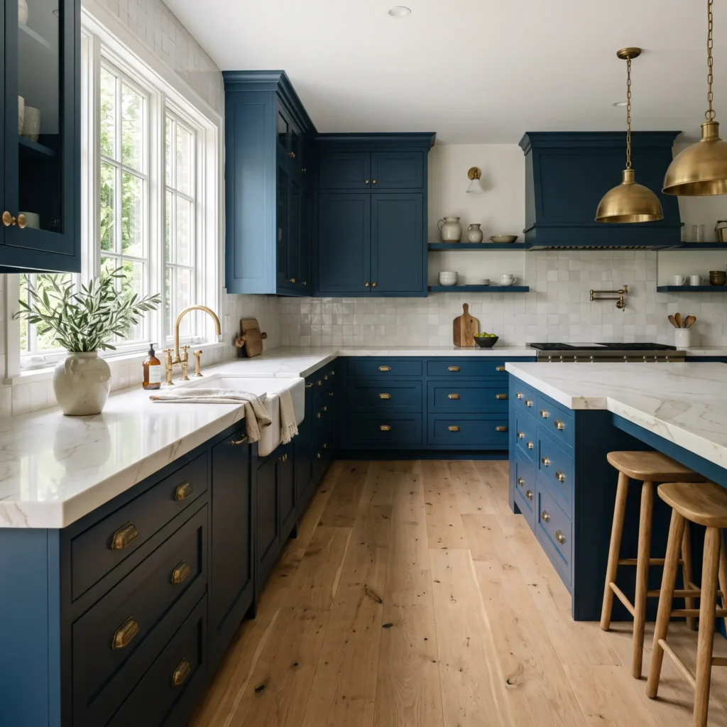 Benjamin Moore Hale Navy shaker cabinets with Rejuvenation aged brass bin pulls and Calacatta quartz countertops.