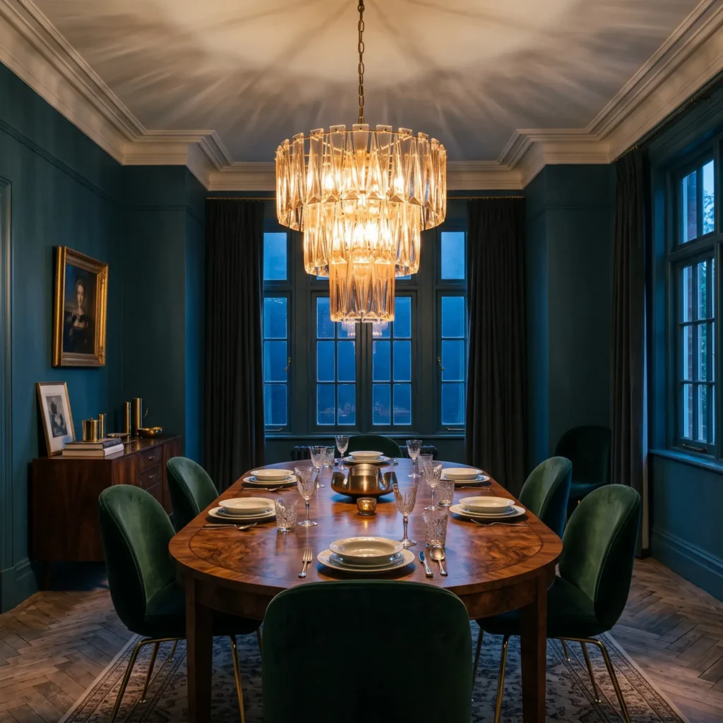 Formal dining room featuring a tiered Murano glass prism chandelier above a burled walnut oval dining table.