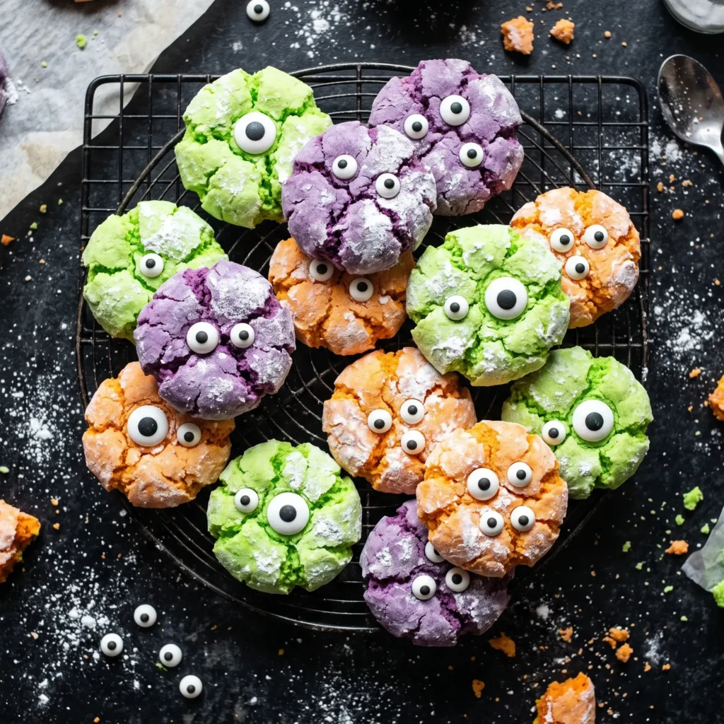 Chewy neon green and purple crinkle cookies coated in powdered sugar with candy eyes.