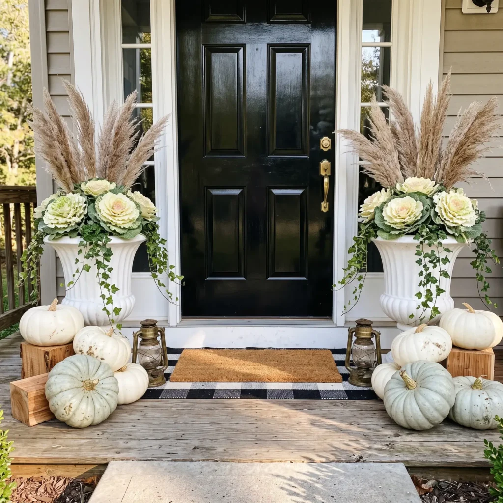 Front porch with a black door, layered plaid rugs, white pumpkins, and brass lanterns.