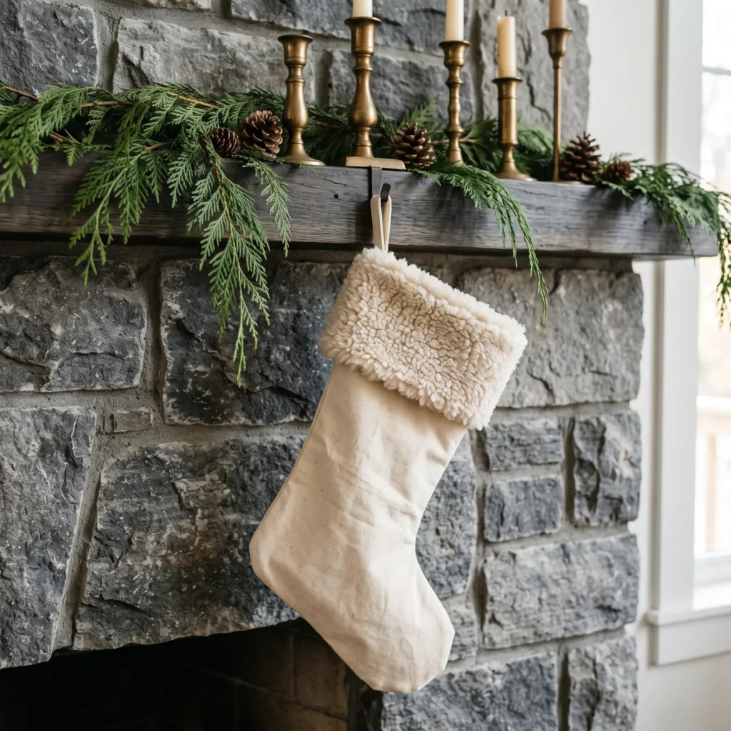 No-sew cotton canvas holiday stocking with a fluffy cream sherpa cuff on a stone fireplace.