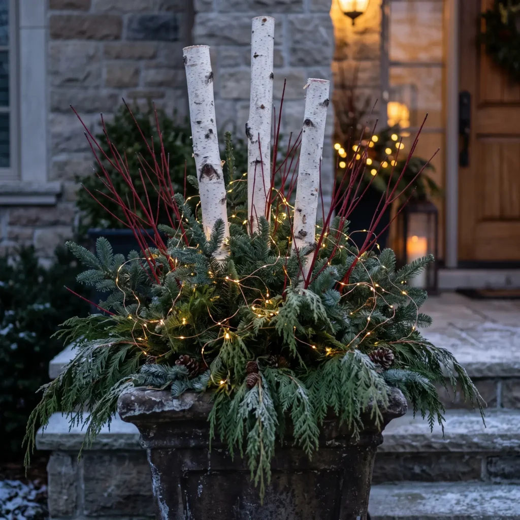 Outdoor stone porch planters filled with white birch branches, fresh evergreen boughs, and glowing warm micro lights.