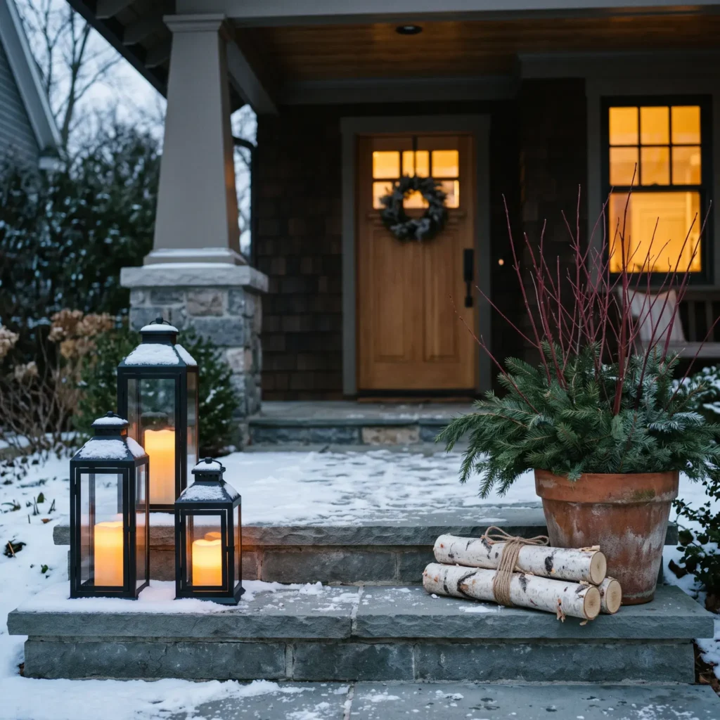 Asymmetrical front porch Christmas display featuring three black metal lanterns with warm glowing candles and leaning white birch poles.