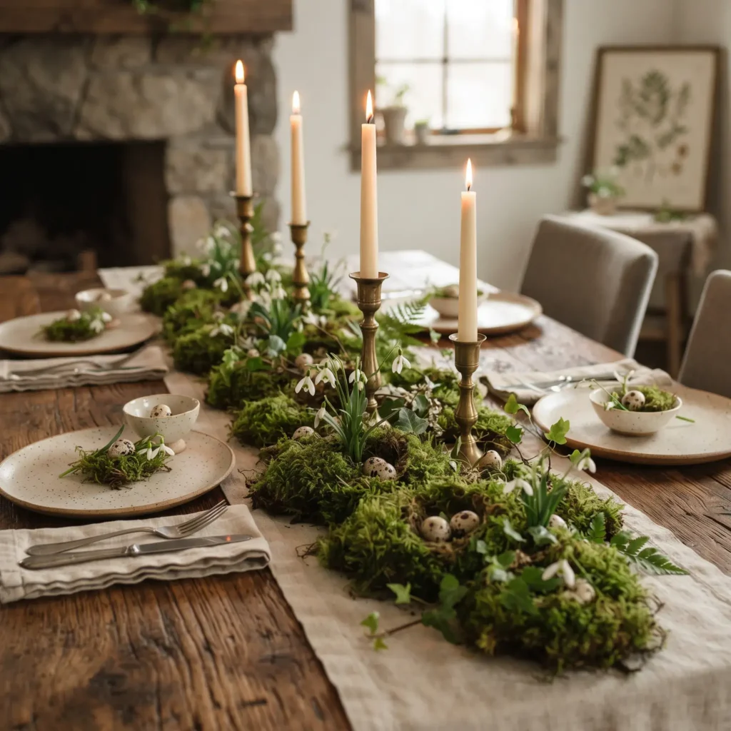 Living green moss runner down a rustic oak dining table with brass candlesticks, dwarf bulbs, and speckled quail eggs.