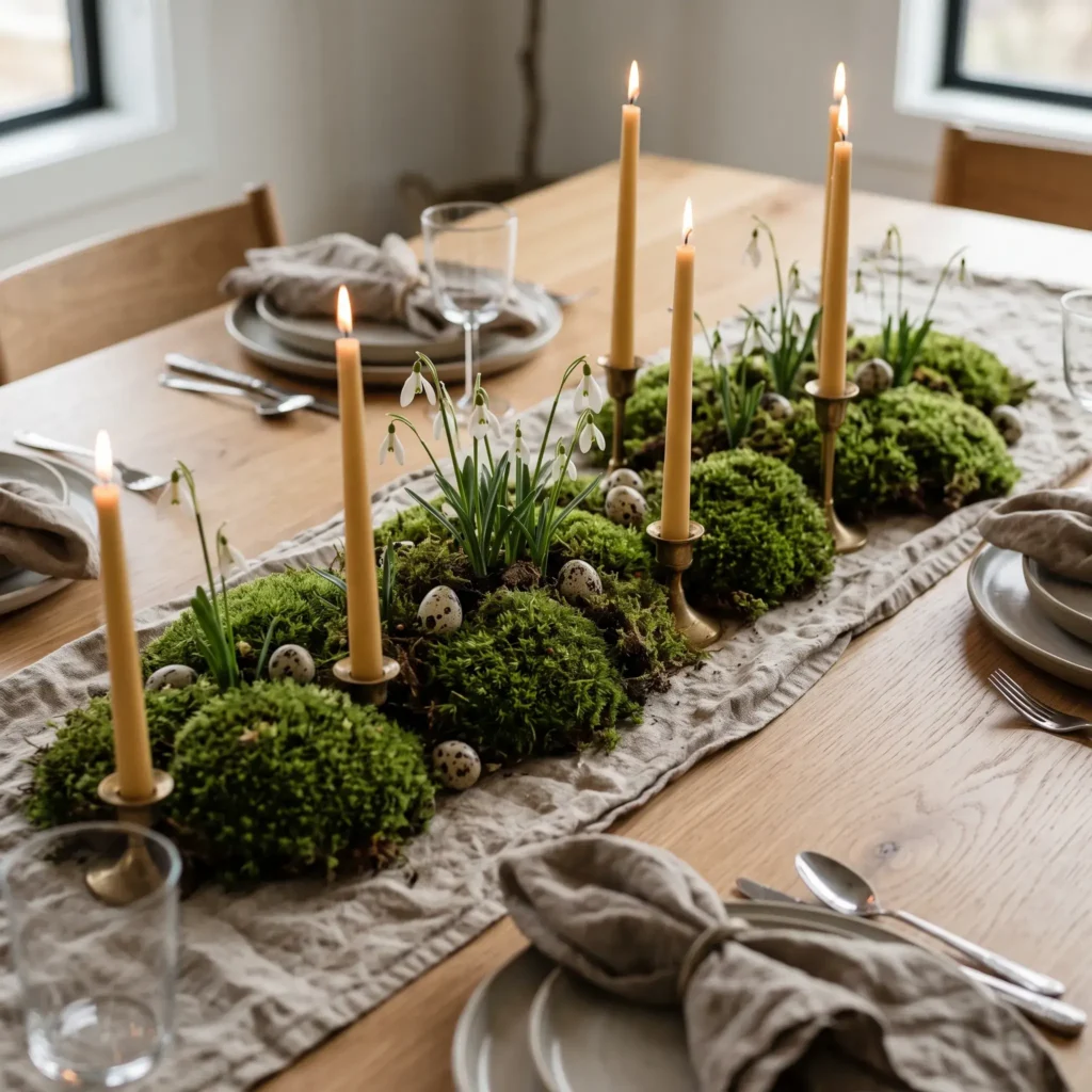  Low-profile dining table centerpiece runner made of living green cushion moss, white snowdrops, and brass taper candles.