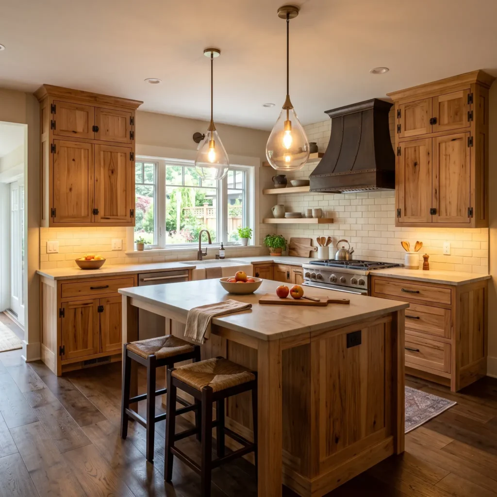 Craftsman kitchen featuring stained hickory cabinets with oil-rubbed bronze latches and champagne bronze teardrop glass pendants.