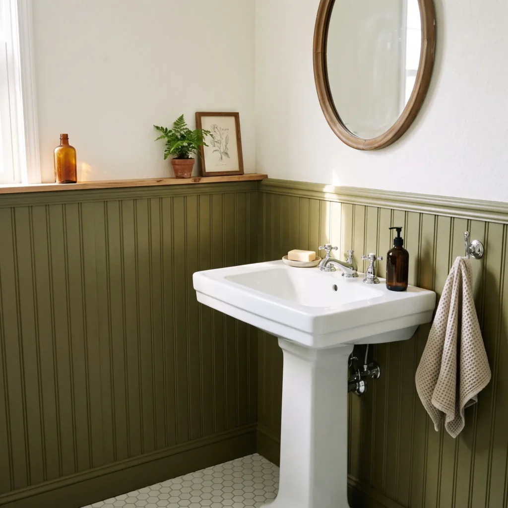 Small bathroom with olive green lower wainscoting, white upper walls, and pedestal sink.