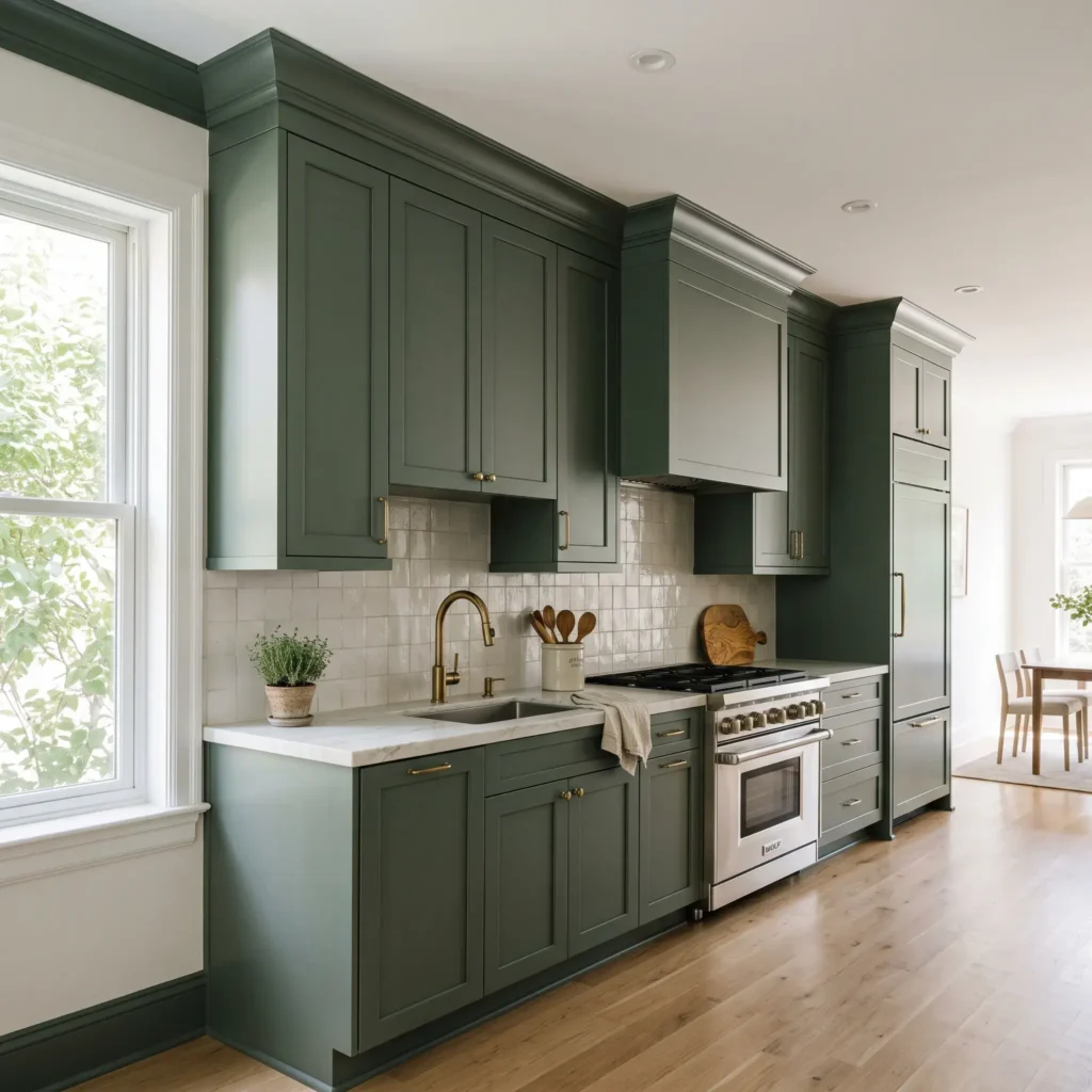 Sage green single-wall kitchen cabinets extended directly to the ceiling using two-piece riser trim and matching crown molding.