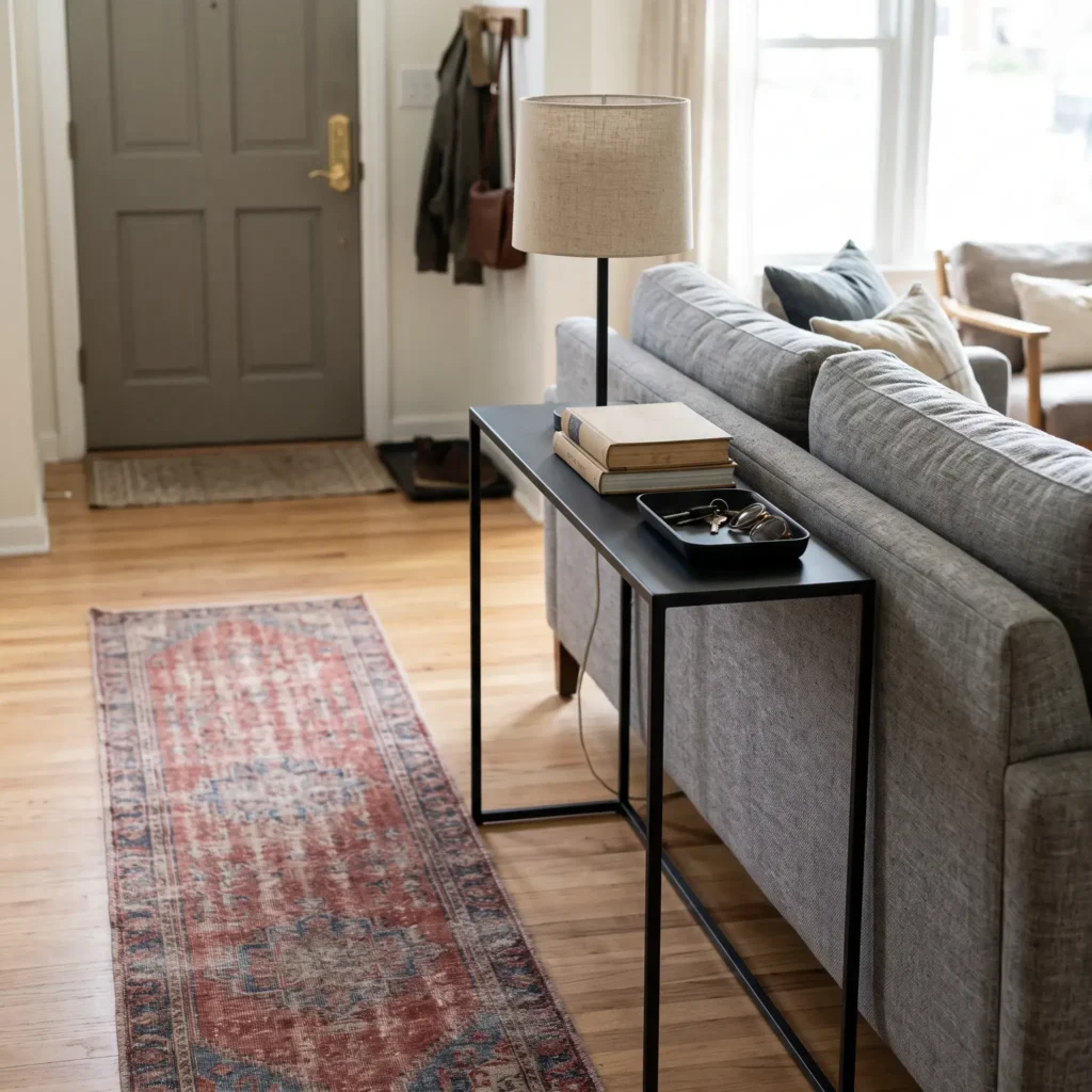 Open concept living room entryway with a slim black metal console table placed behind a gray sofa.