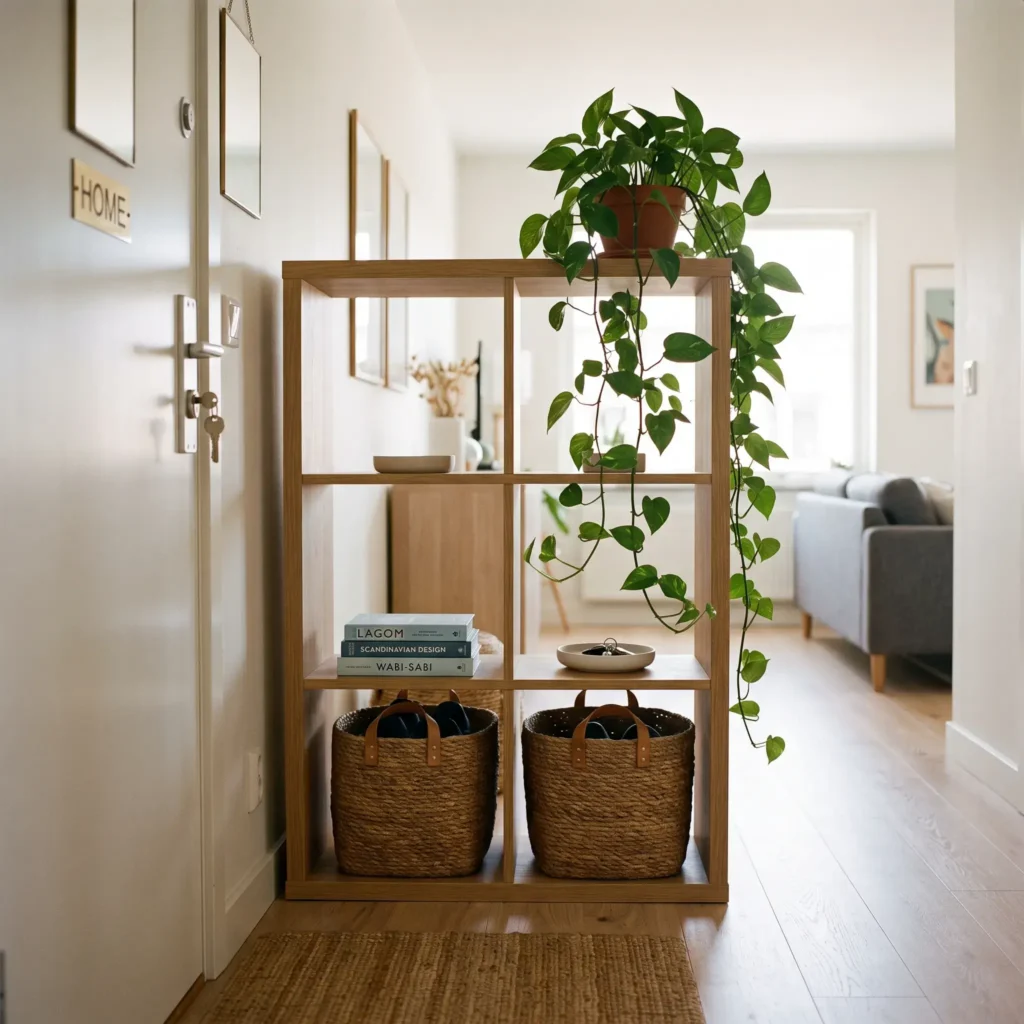 Open-back cube bookshelf used as a room divider between an apartment front door and the living room.
